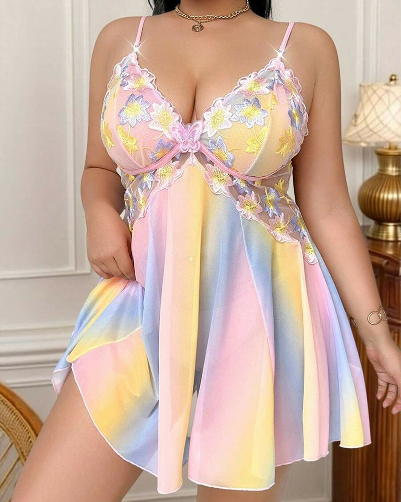 Plus Size Rainbow Ombre Camisole Nightgown – Backless & Floral Mesh Design
