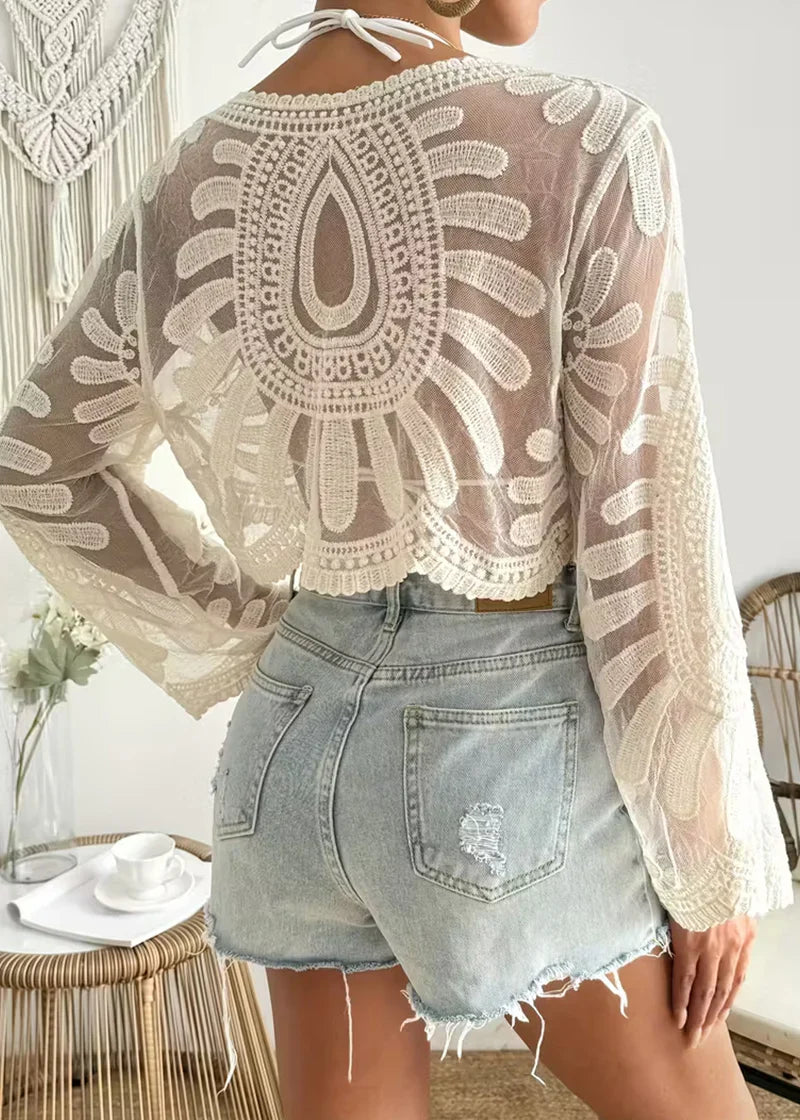 Women’s Floral Embroidery Sheer Beach Cover-Up