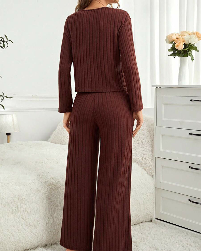 Women’s Ribbed 2-Piece Loungewear Set – Long Sleeve Top & Pants