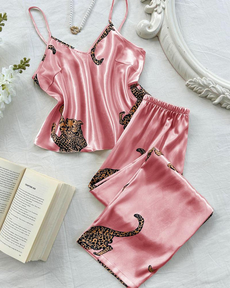 Sexy Leopard Print Satin Cami and Long Pants Pajama Set