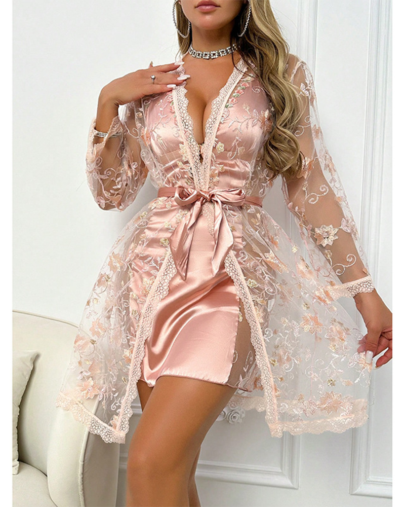 Floral Embroidery V-Neck Halter Backless Slim Fit Nightgown Sheer Mesh Cutout Sexy Babydolls