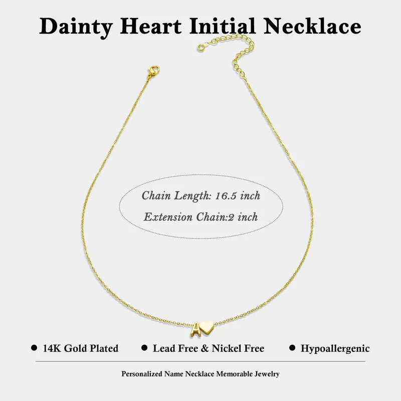 Tiny Heart Initial Necklace – 14K Gold Plated A–Z Letter Pendant, Dainty Personalized Gift for Women