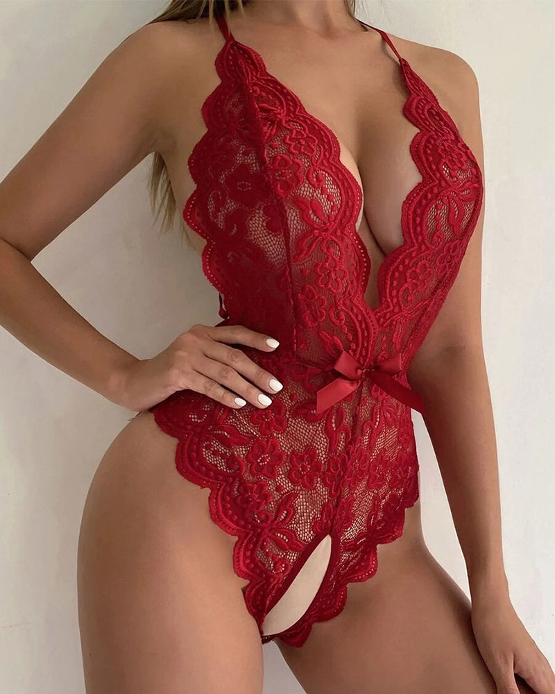 Sexy Backless Lace Halter Jumpsuit Lingerie