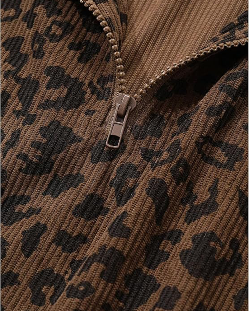 Women’s Casual Zip-Up Leopard Print Long Sleeve Sweatshirt for Fall