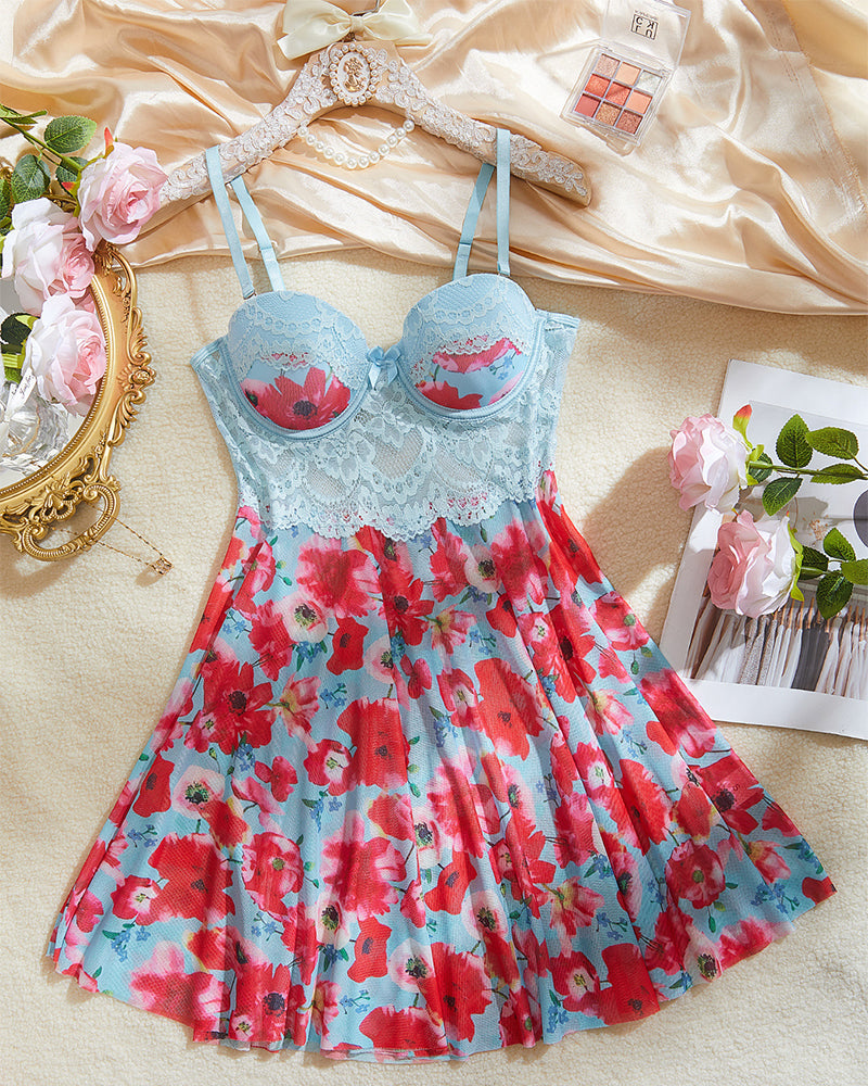 Women's Lace Underwire Floral Babydoll Nightgown Flowy Lingerie