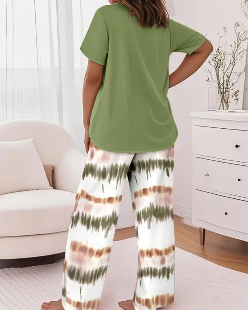 Comfy Striped Short Sleeve Lounge Set with Wide-Leg Pants
