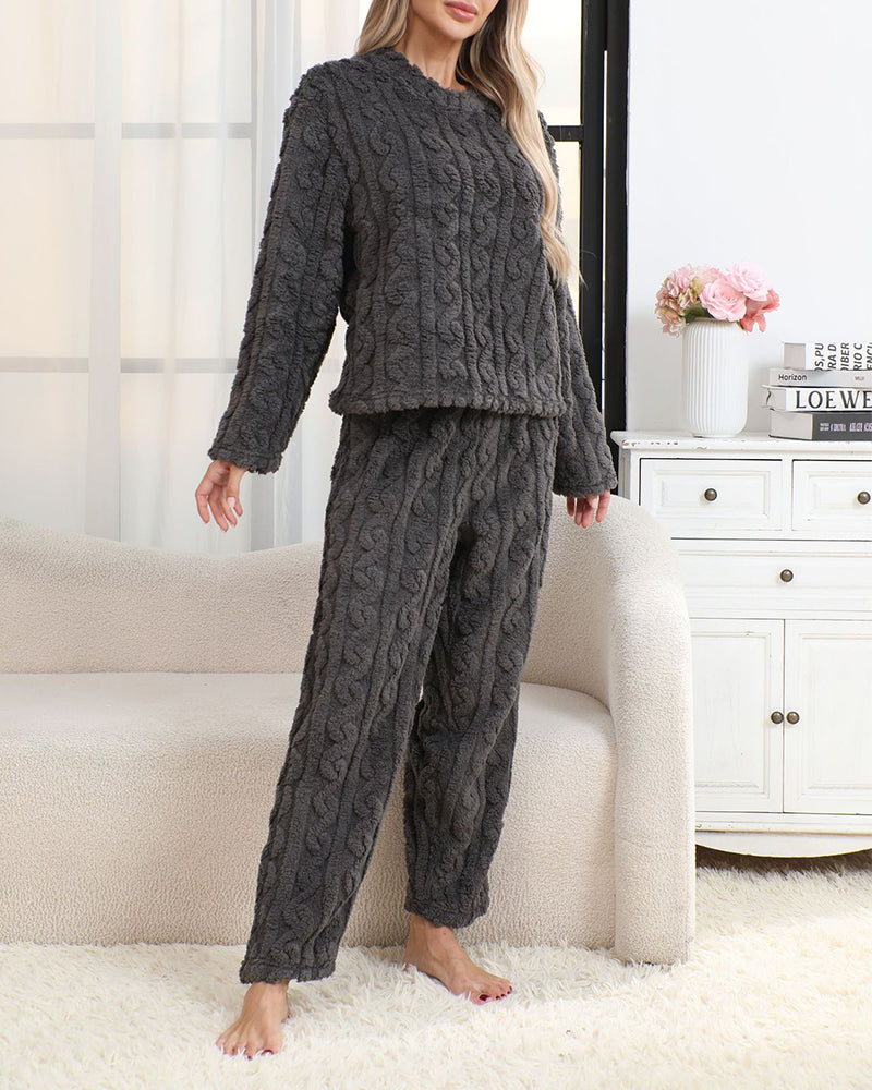 Cozy Coral Fleece Jacquard Loungewear Set