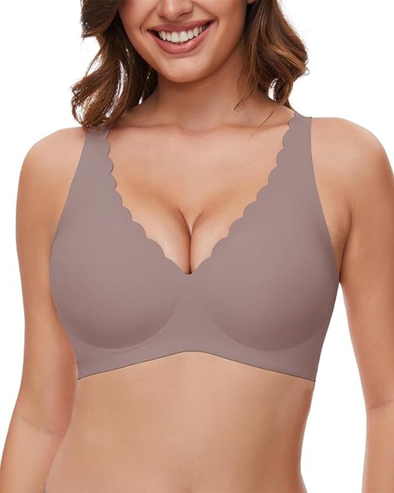 Seamless Deep V Wireless Push-Up Bra – Scalloped, Soft Support, Back Smoothing Bralette