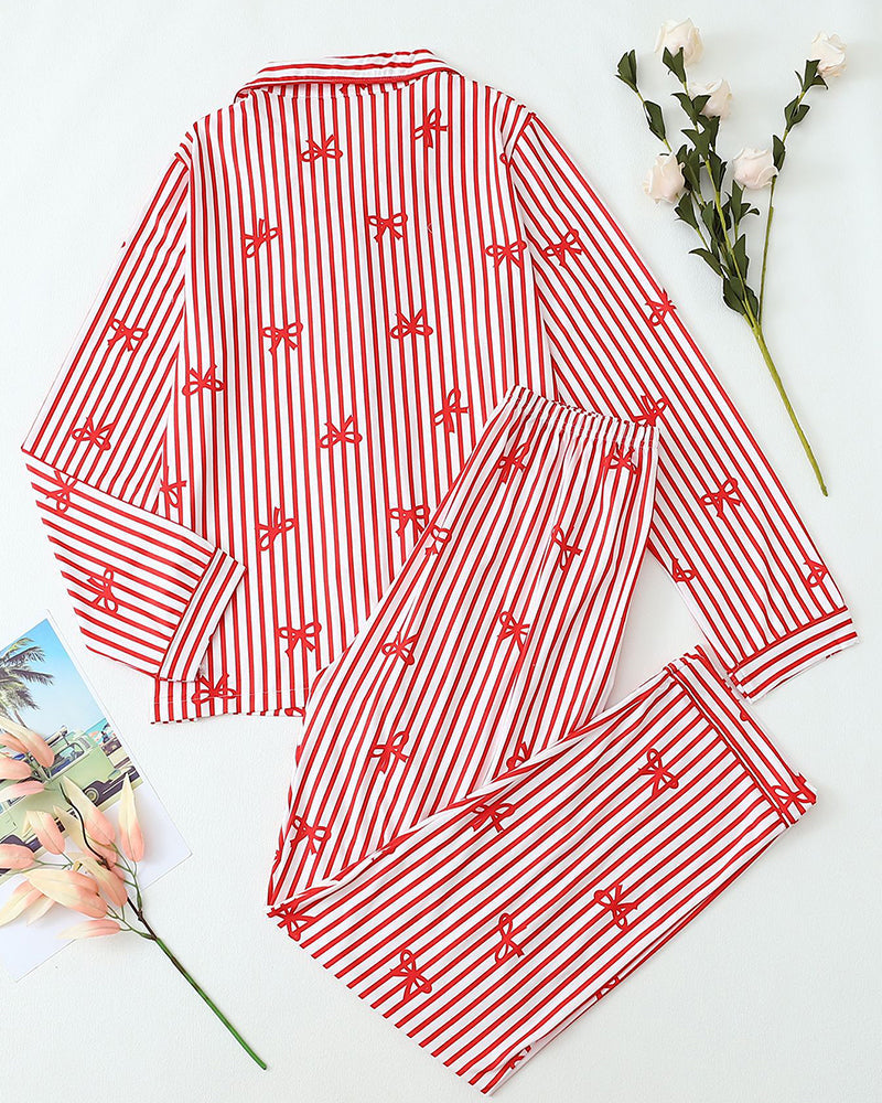 Cozy Striped Pajama Set – Long Sleeve Top with Cute Bow Print