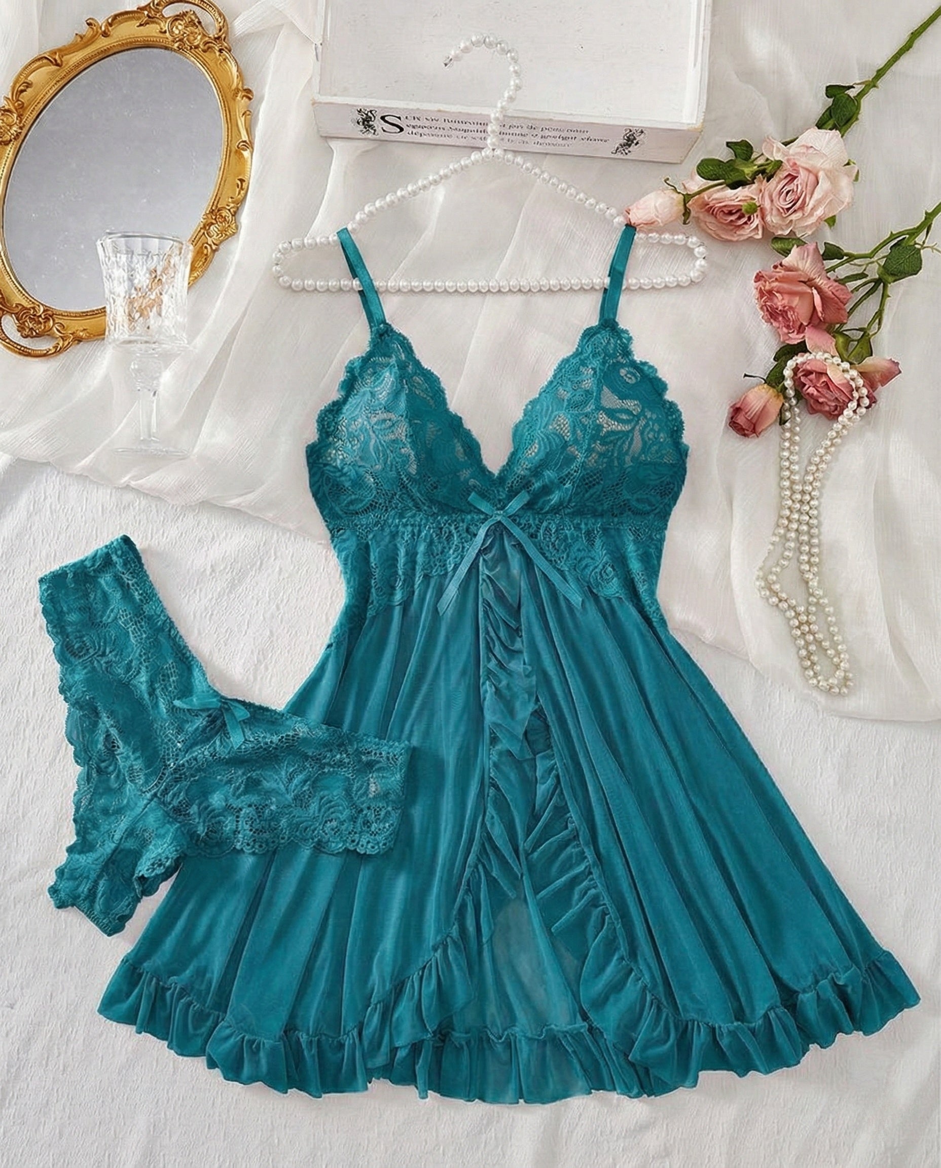 Sexy Lingerie V-Neck Lace Ruffle Trim Cami Nightdress & Panty Set Babydoll