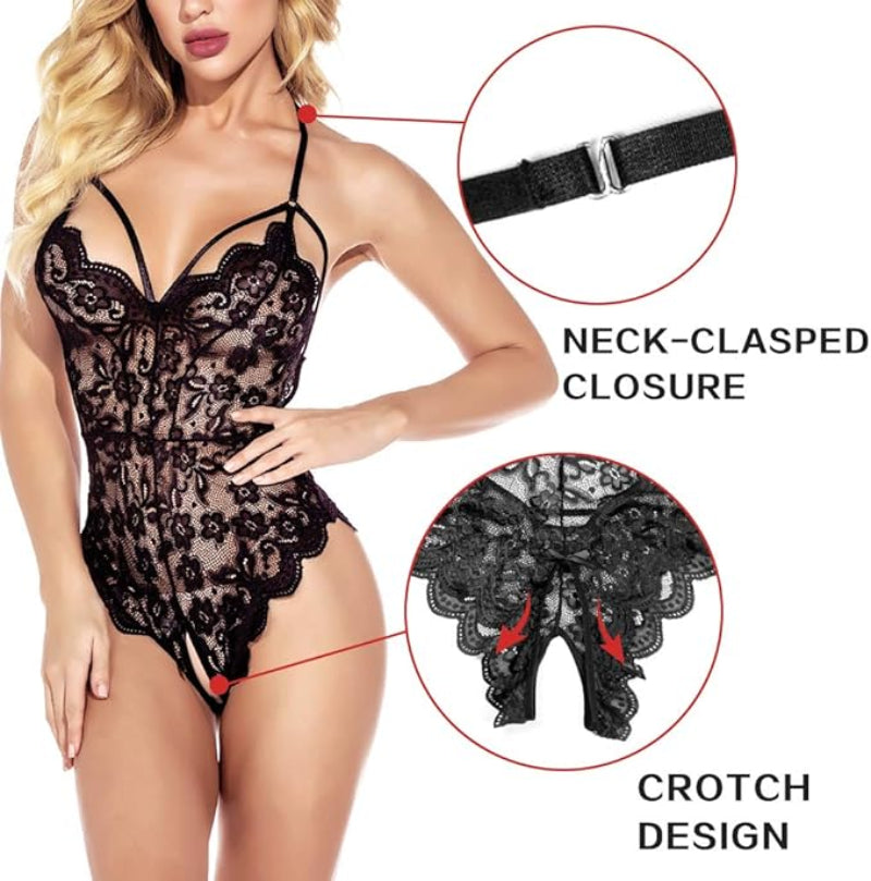 Sexy Lace Strappy Bodysuit for Women – Crotchless Teddy