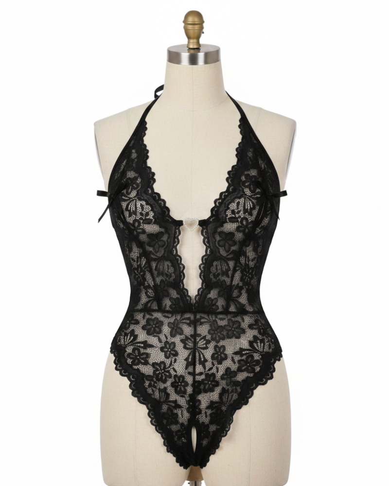 Bridal Floral Lace Scallop Trim Cutout Sheer Crotchless Teddy