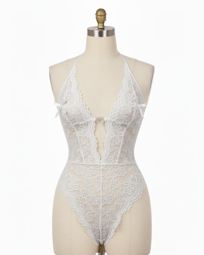 Bridal Floral Lace Scallop Trim Cutout Sheer Crotchless Teddy