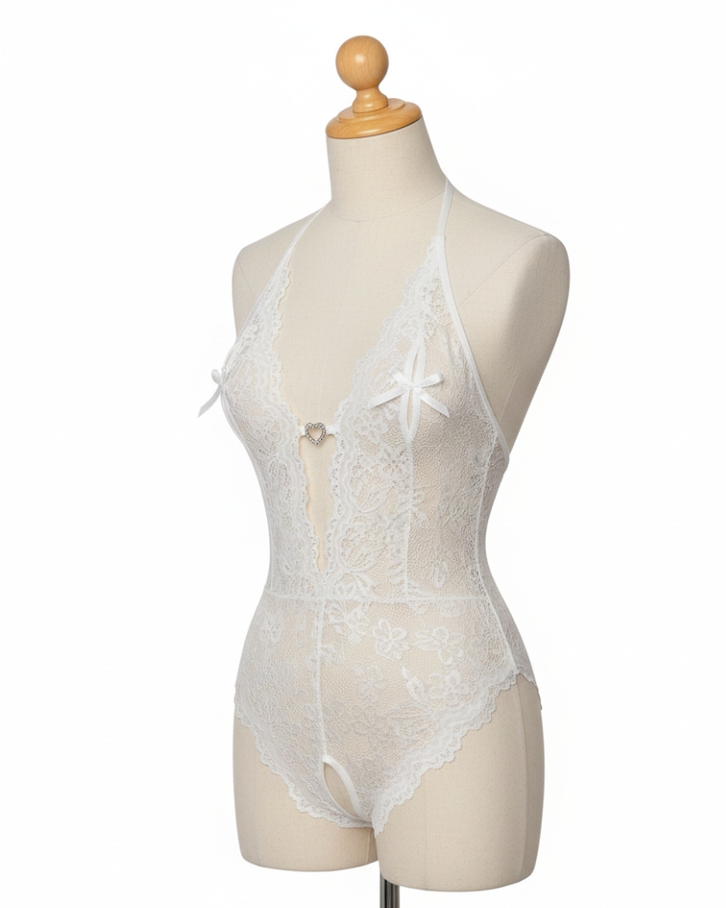 Bridal Floral Lace Scallop Trim Cutout Sheer Crotchless Teddy