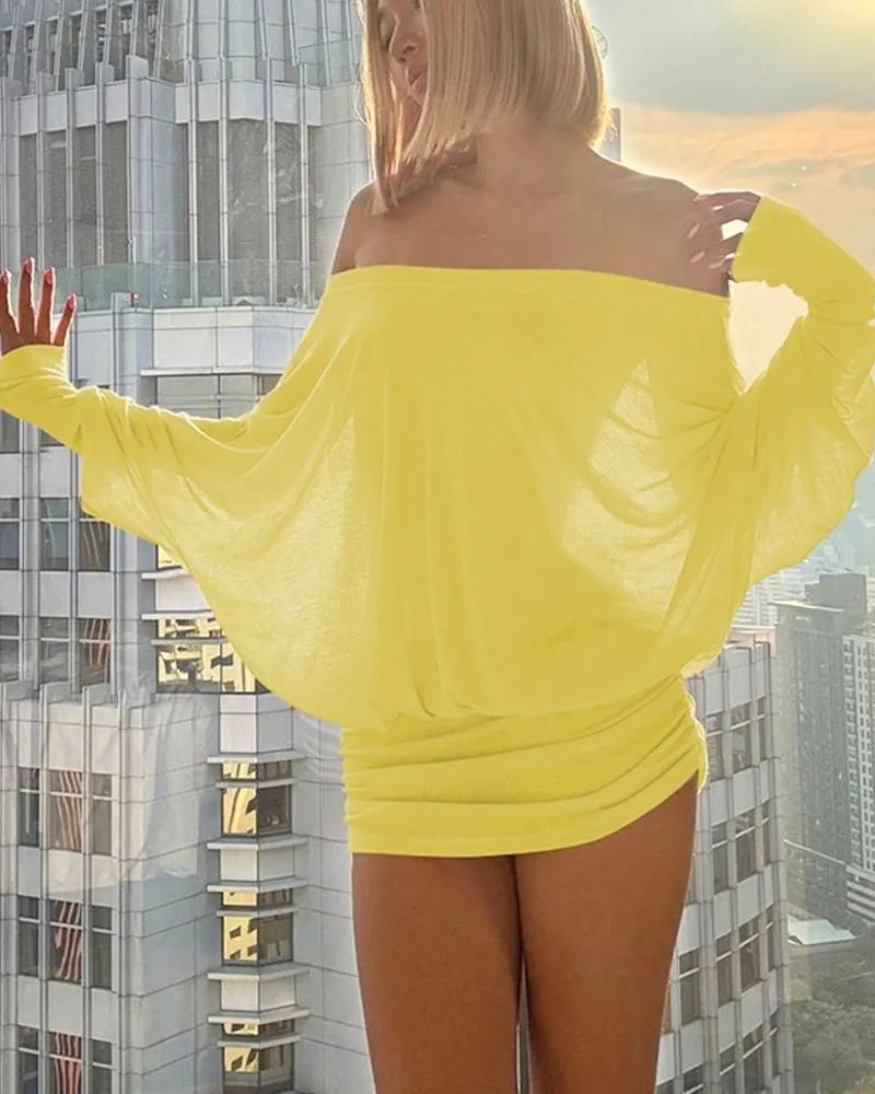 Off Shoulder Sheer Ruched Long Sleeve Dress