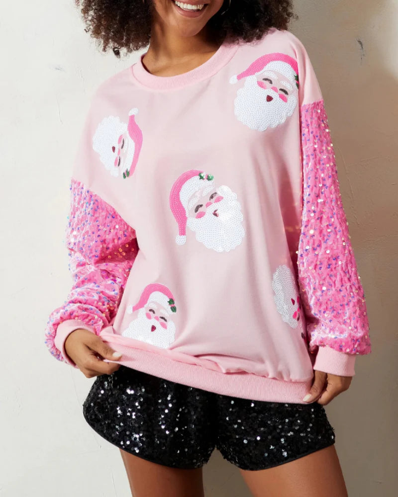 Women's Santa Claus Sequin Sleeve Sweatshirt – Festive Long Sleeve Crew Neck Top