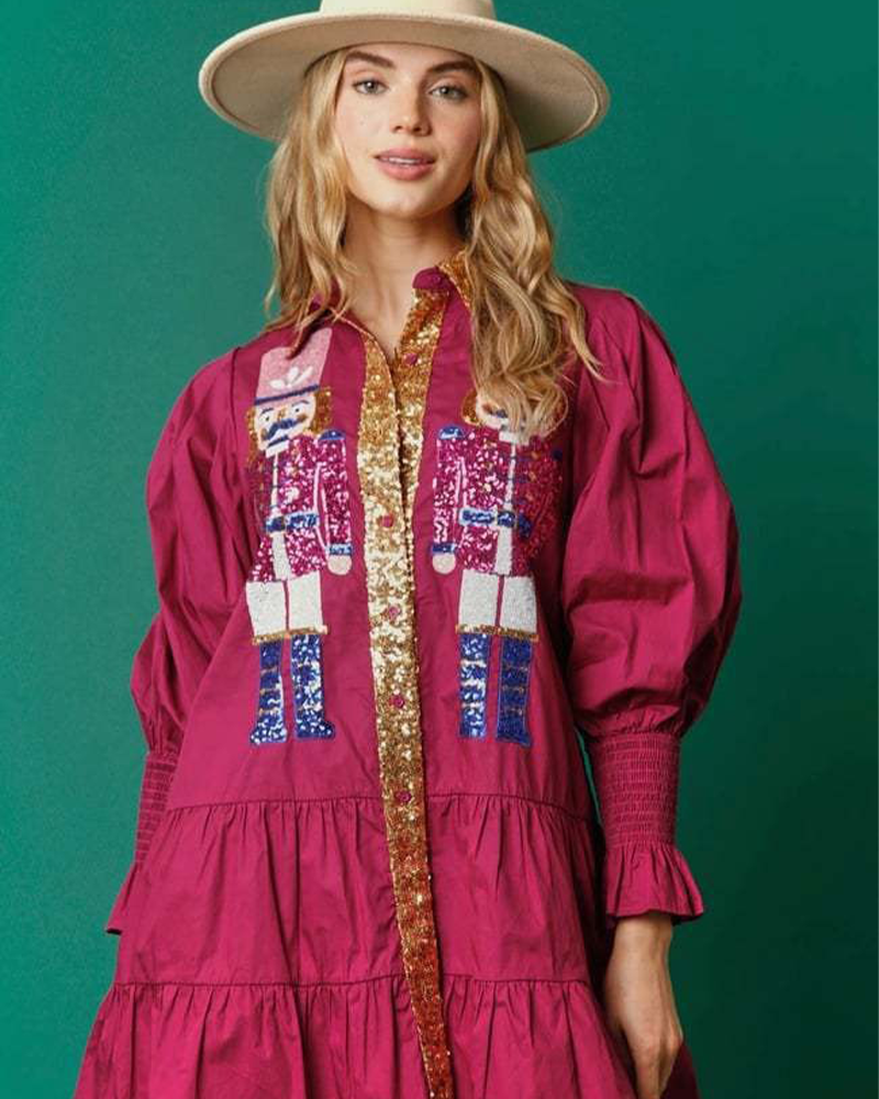 Christmas Sequin Nutcracker Shirt Dress