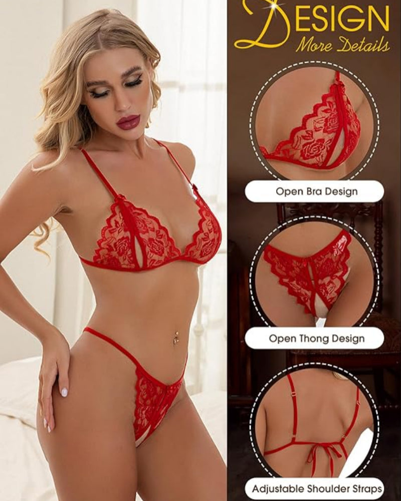 Lace Open Crotch Lingerie Set – Sexy 3-Point Bra & Thong Two-Piece for Women