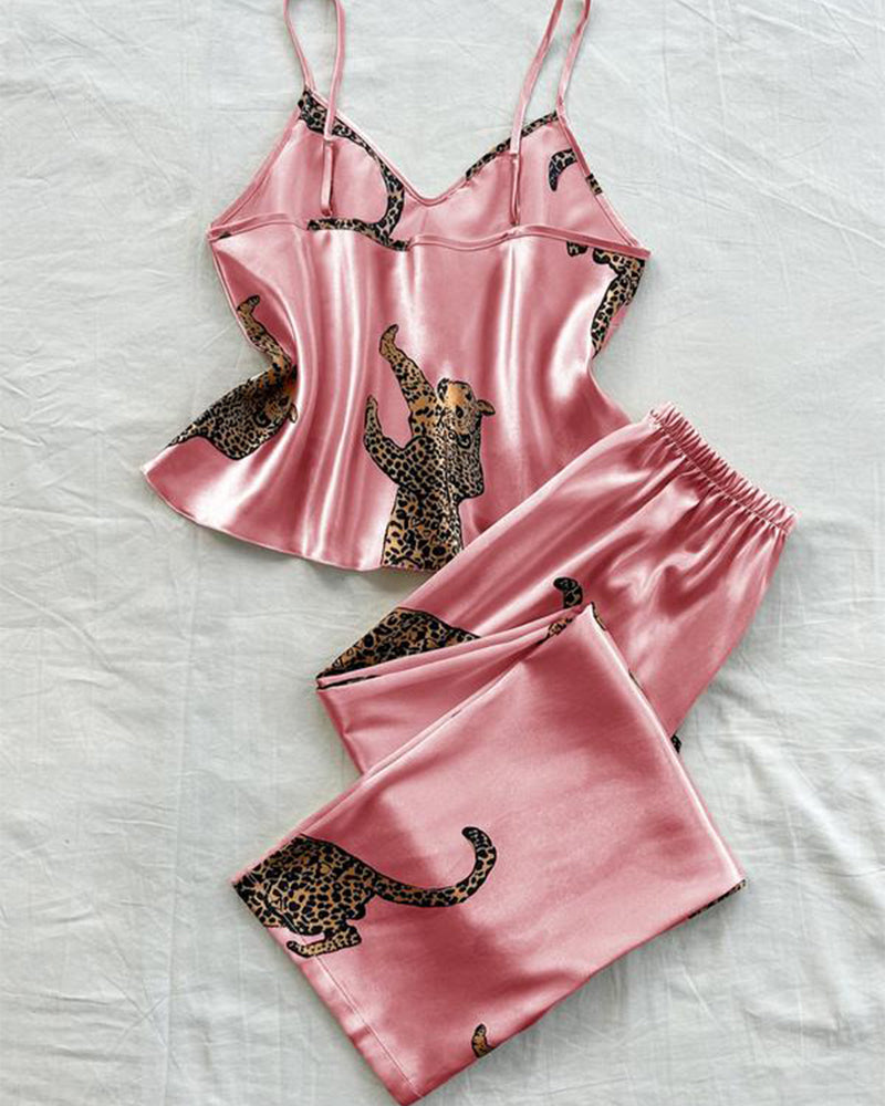 Sexy Leopard Print Satin Cami and Long Pants Pajama Set