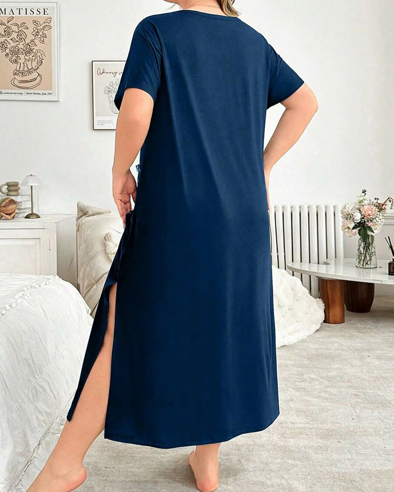 Plus Size Leopard Print V-Neck Short Sleeve Maxi Dress