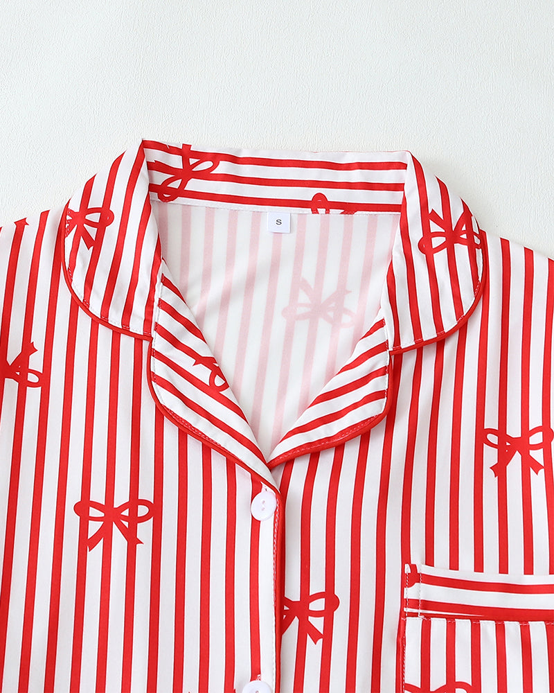Cozy Striped Pajama Set – Long Sleeve Top with Cute Bow Print