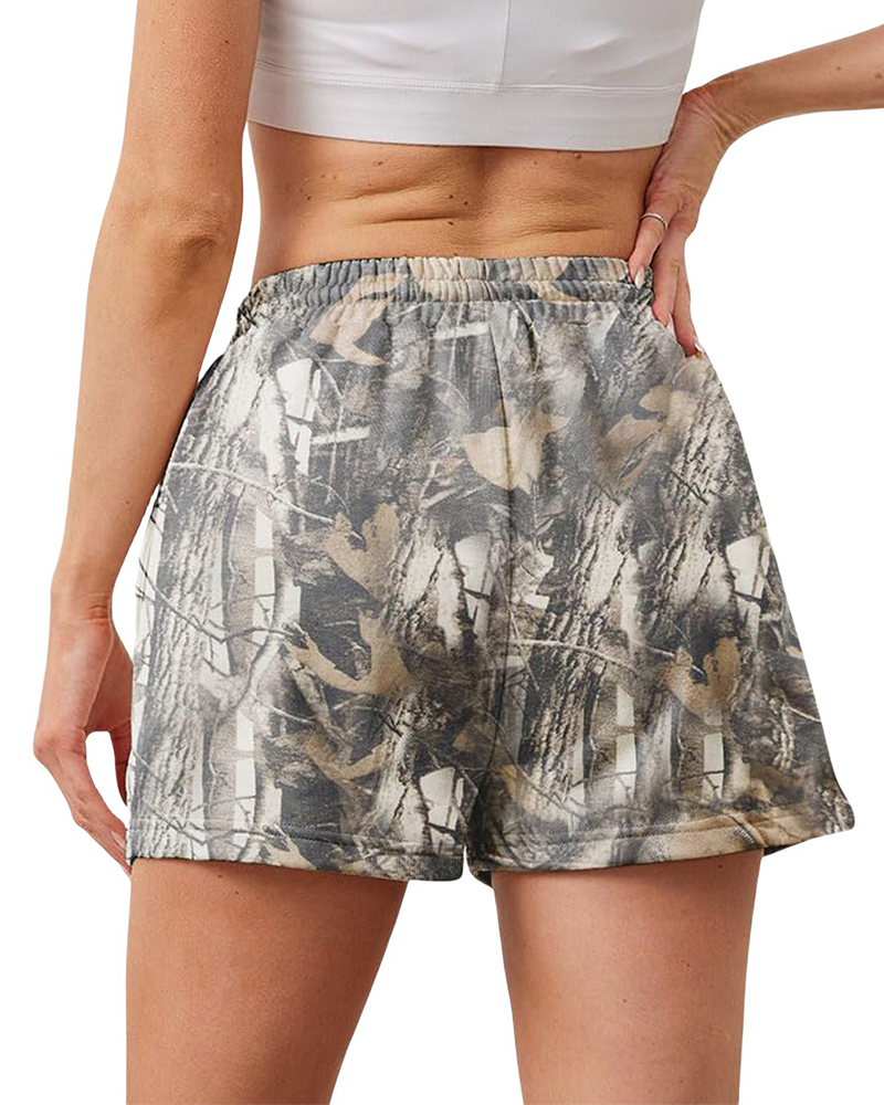 Women’s Camo Sweat Shorts – High Waist Drawstring Lounge Shorts with Pockets
