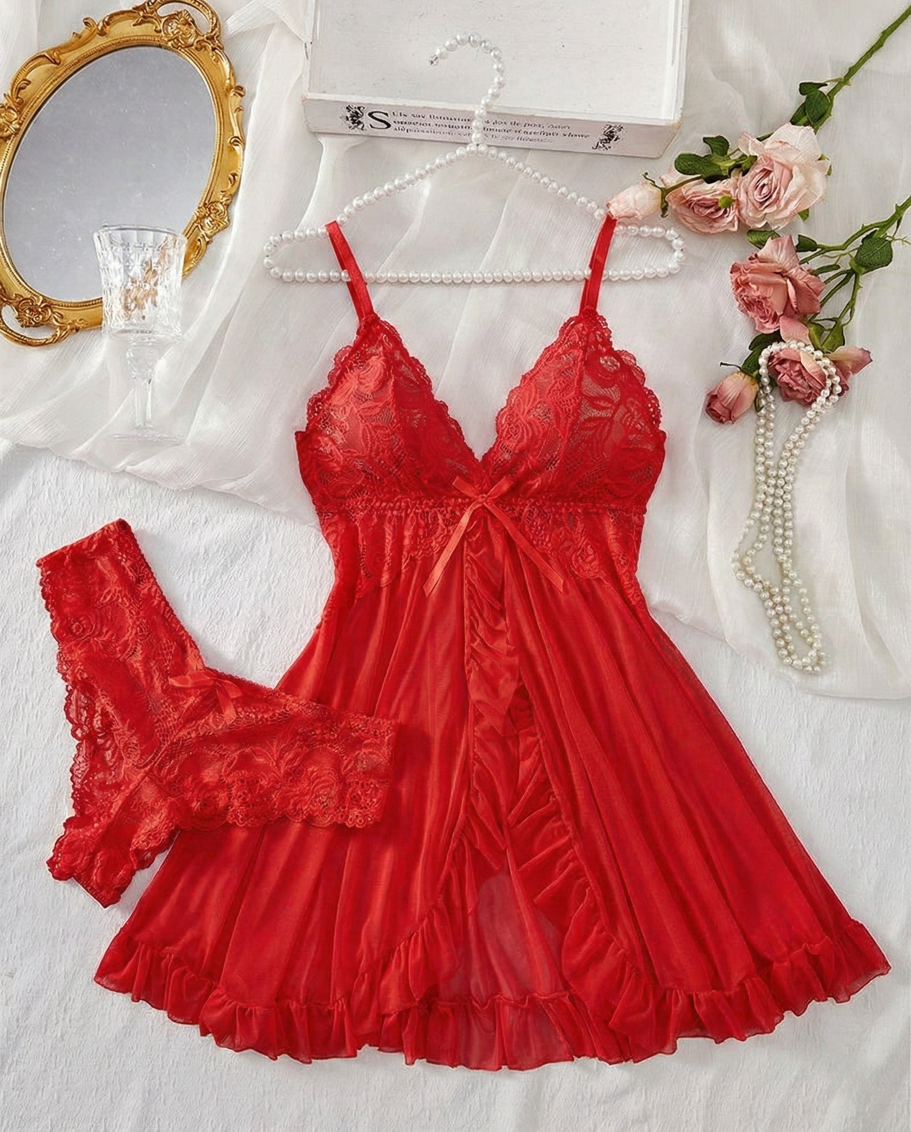 Sexy Lingerie V-Neck Lace Ruffle Trim Cami Nightdress & Panty Set Babydoll