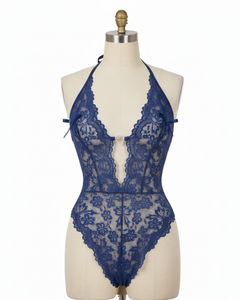 Bridal Floral Lace Scallop Trim Cutout Sheer Crotchless Teddy