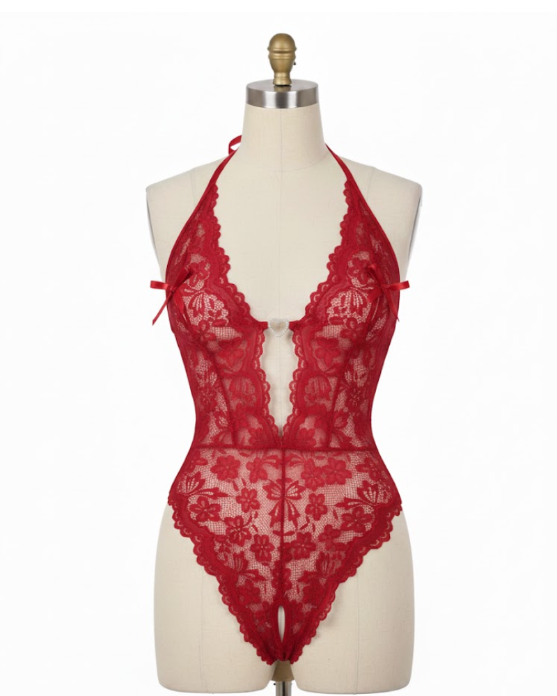 Bridal Floral Lace Scallop Trim Cutout Sheer Crotchless Teddy
