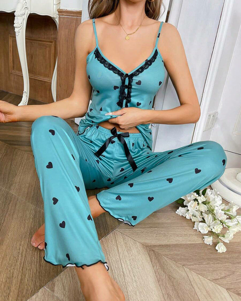 Heart-Print Long Pants Pajama Set – Cozy Loungewear