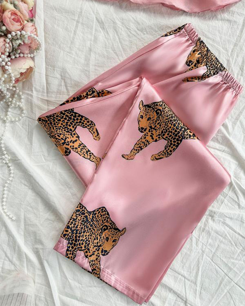 Sexy Leopard Print Satin Cami and Long Pants Pajama Set