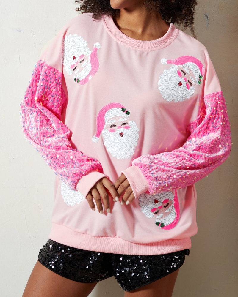 Women's Santa Claus Sequin Sleeve Sweatshirt – Festive Long Sleeve Crew Neck Top