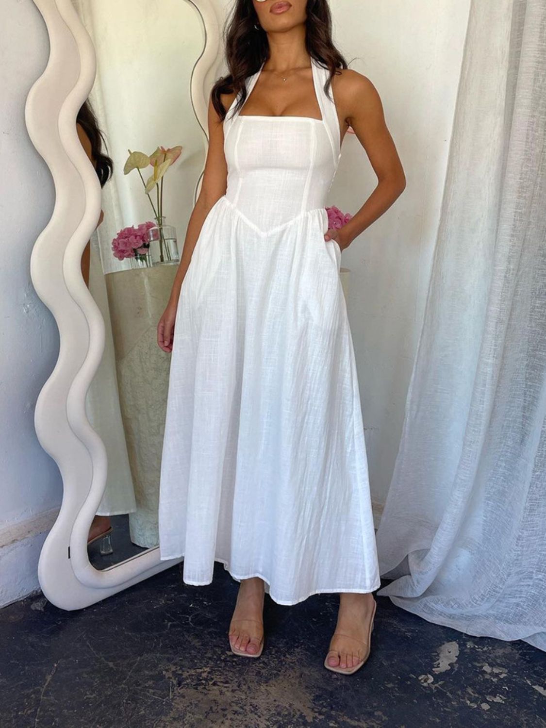 Ruched Halter Neck Midi Dress