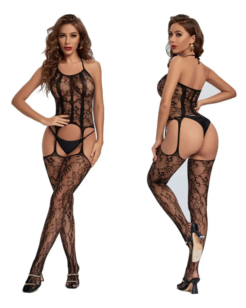 Plus Size Lace Halter Fishnet Bodysuit – Stretchy Floral One-Piece with Open Crotch