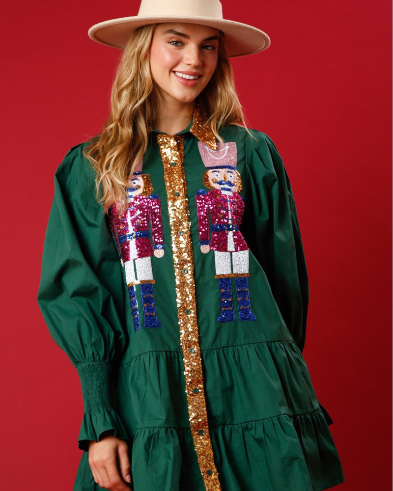 Christmas Sequin Nutcracker Shirt Dress