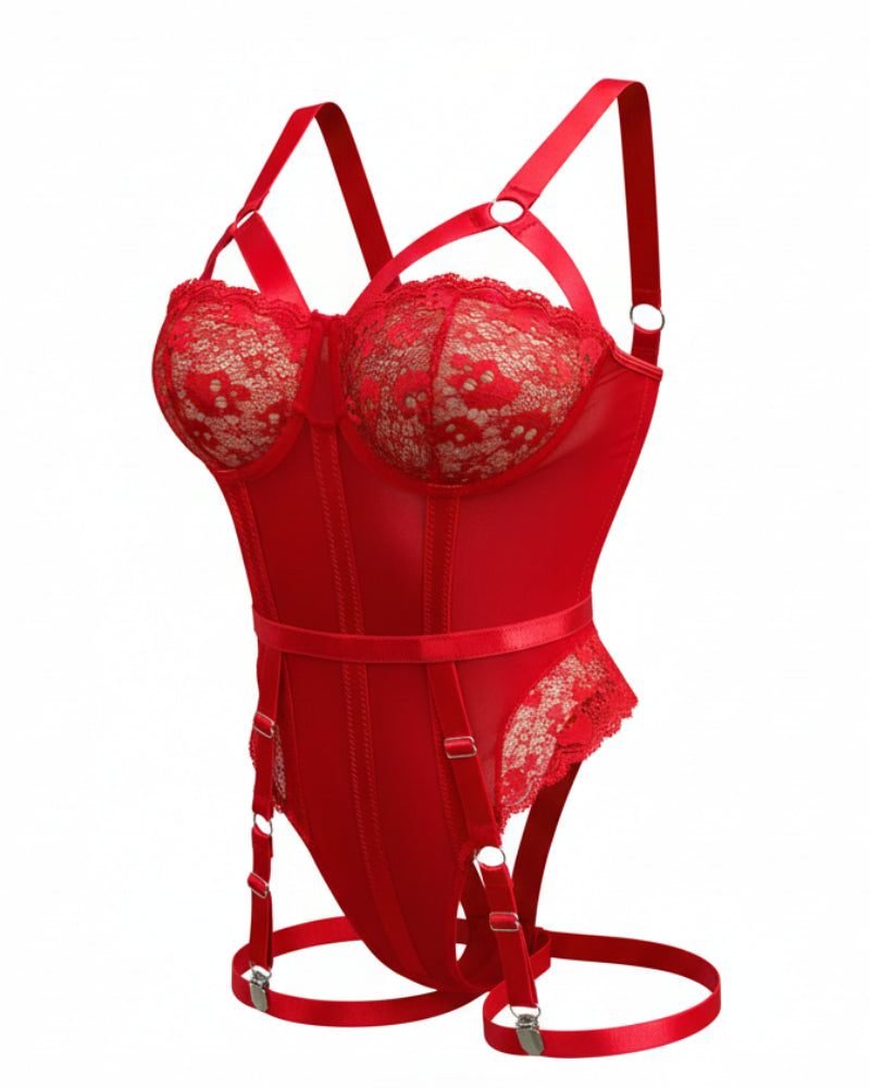 Sexy One-Piece Teddy Lingerie with Attached Garter Belt