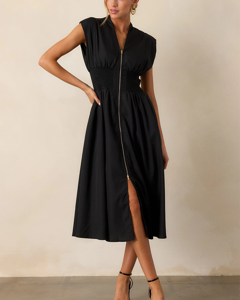 Zip-Front Midi Dress