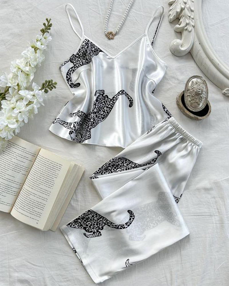 Sexy Leopard Print Satin Cami and Long Pants Pajama Set
