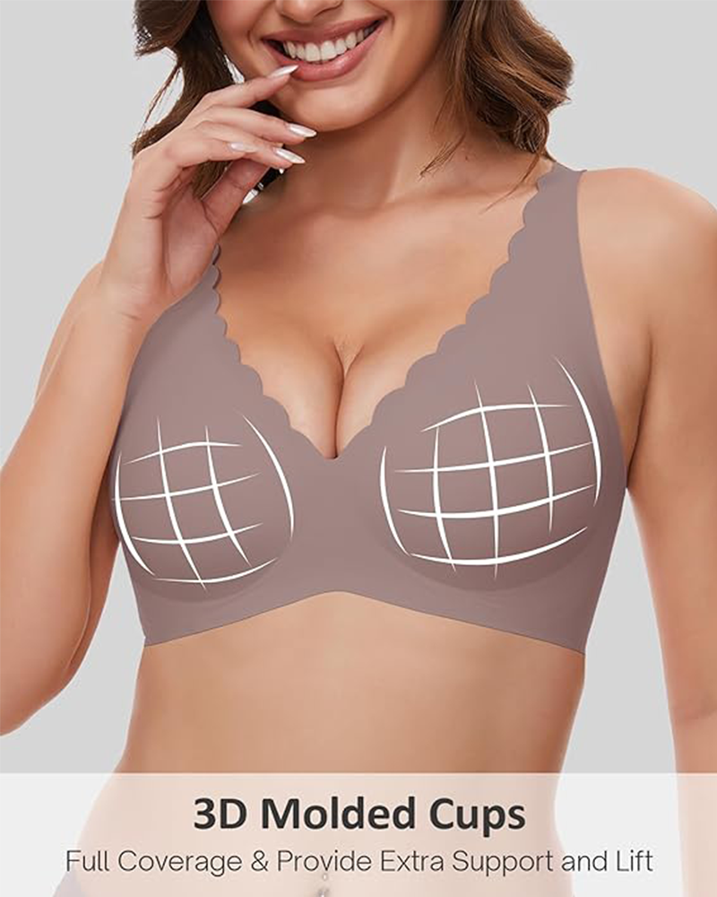 Seamless Deep V Wireless Push-Up Bra – Scalloped, Soft Support, Back Smoothing Bralette