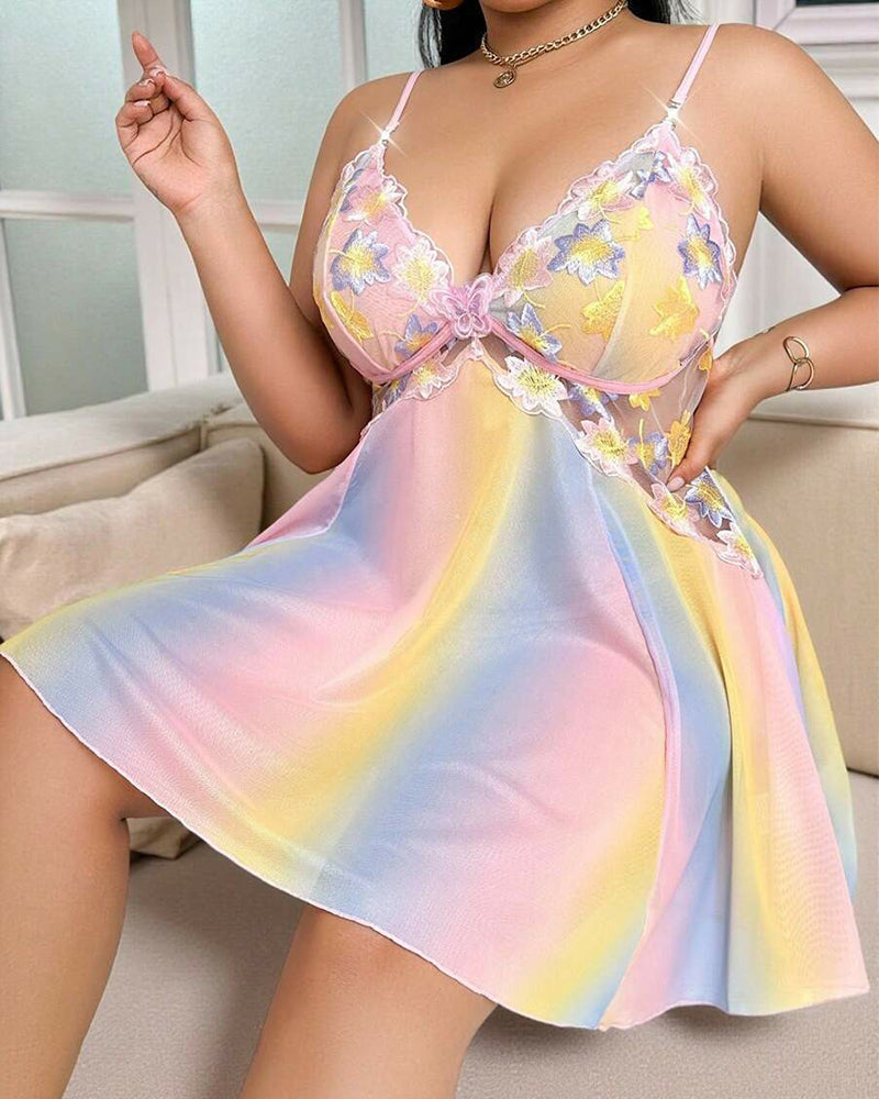 Plus Size Rainbow Ombre Camisole Nightgown – Backless & Floral Mesh Design