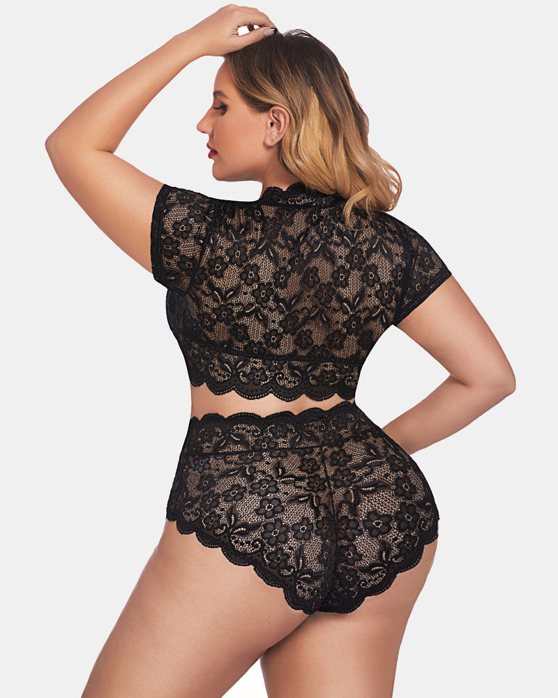 Sexy Plus Size Deep V Bra & Panty Set with Floral Lace