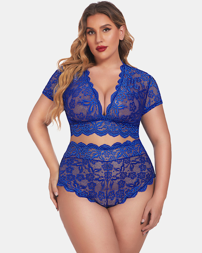 Sexy Plus Size Deep V Bra & Panty Set with Floral Lace