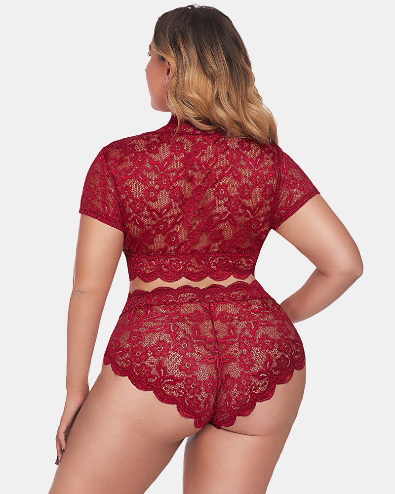 Sexy Plus Size Deep V Bra & Panty Set with Floral Lace