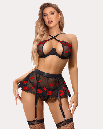 Sexy 3-Piece Floral Lace Push-Up Lingerie Set