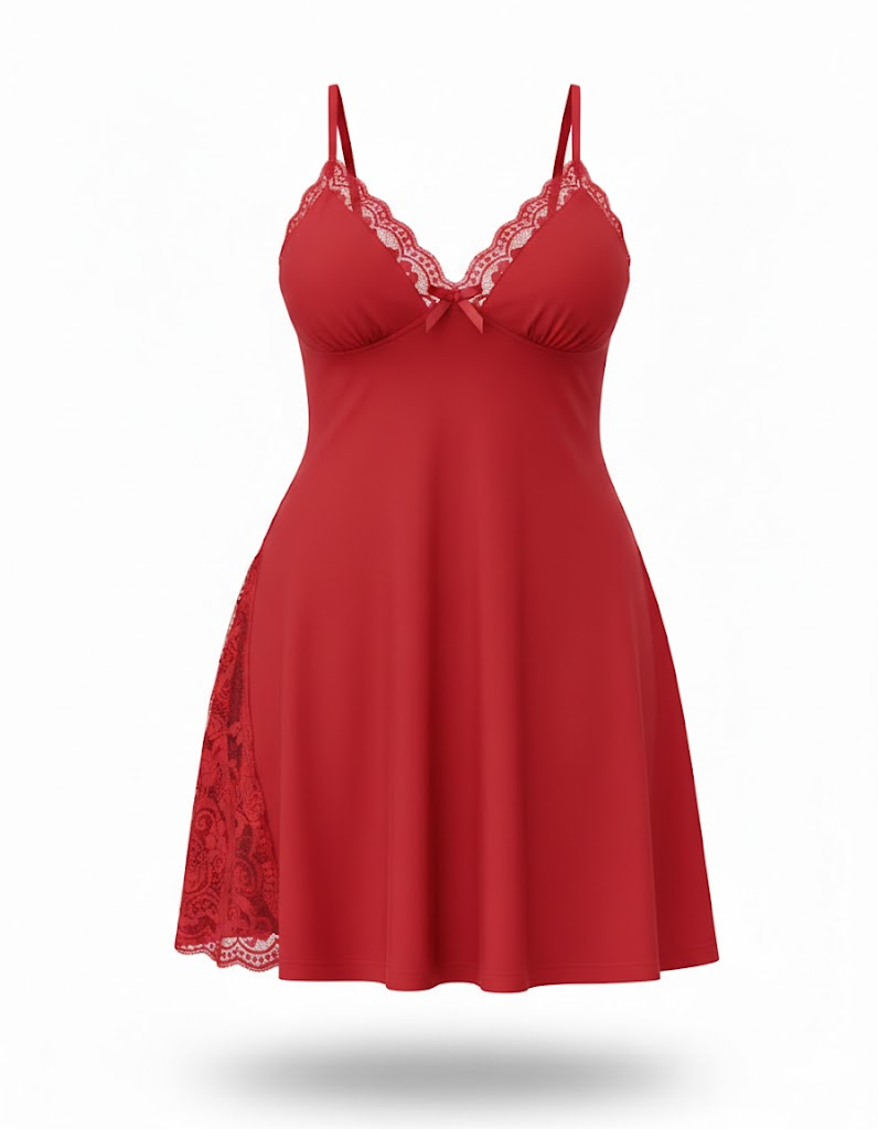 Plus Size Lace-Trim Cotton Nightdress with Side Slit & Adjustable Straps