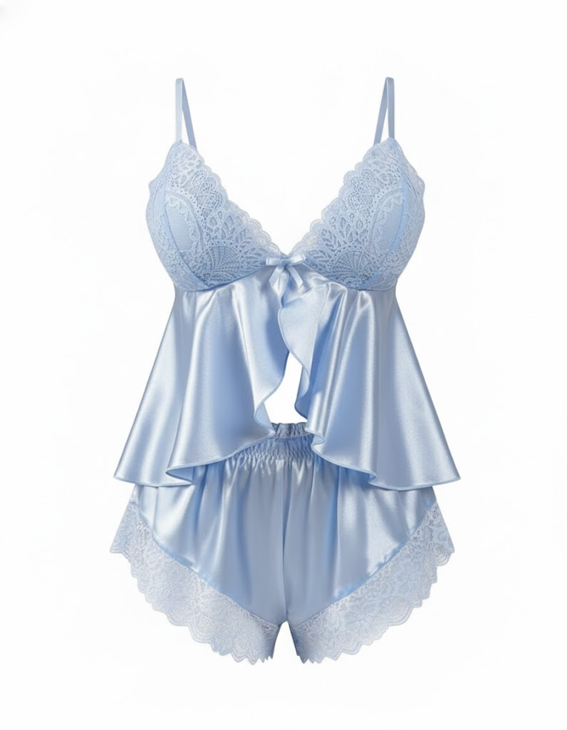Sexy Lace Pajama Set with Ruffle Trim