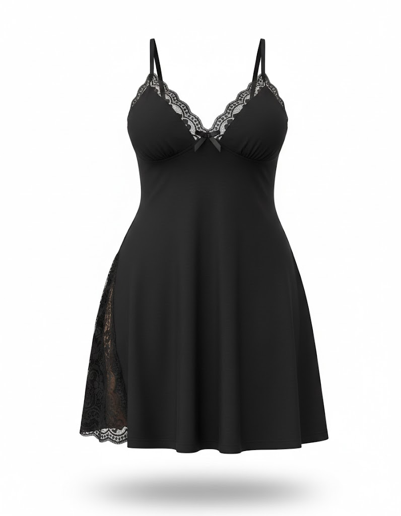 Plus Size Lace-Trim Cotton Nightdress with Side Slit & Adjustable Straps