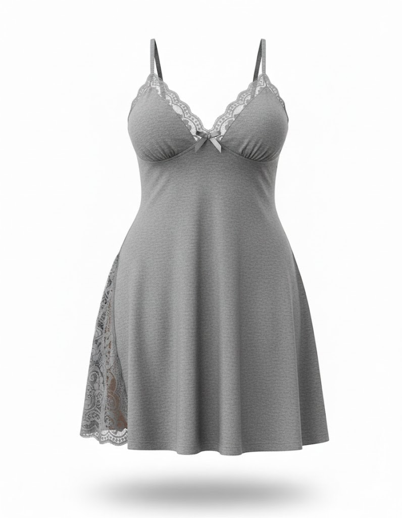 Plus Size Lace-Trim Cotton Nightdress with Side Slit & Adjustable Straps