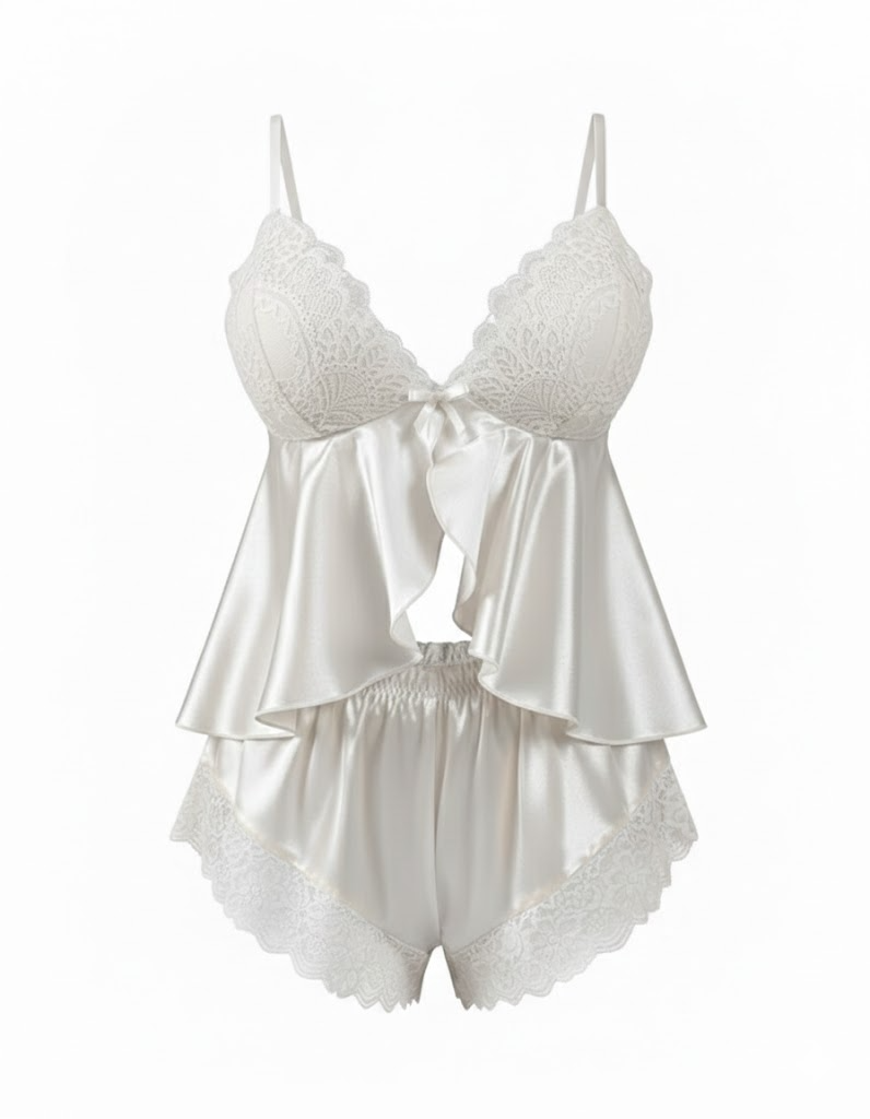 Sexy Lace Pajama Set with Ruffle Trim