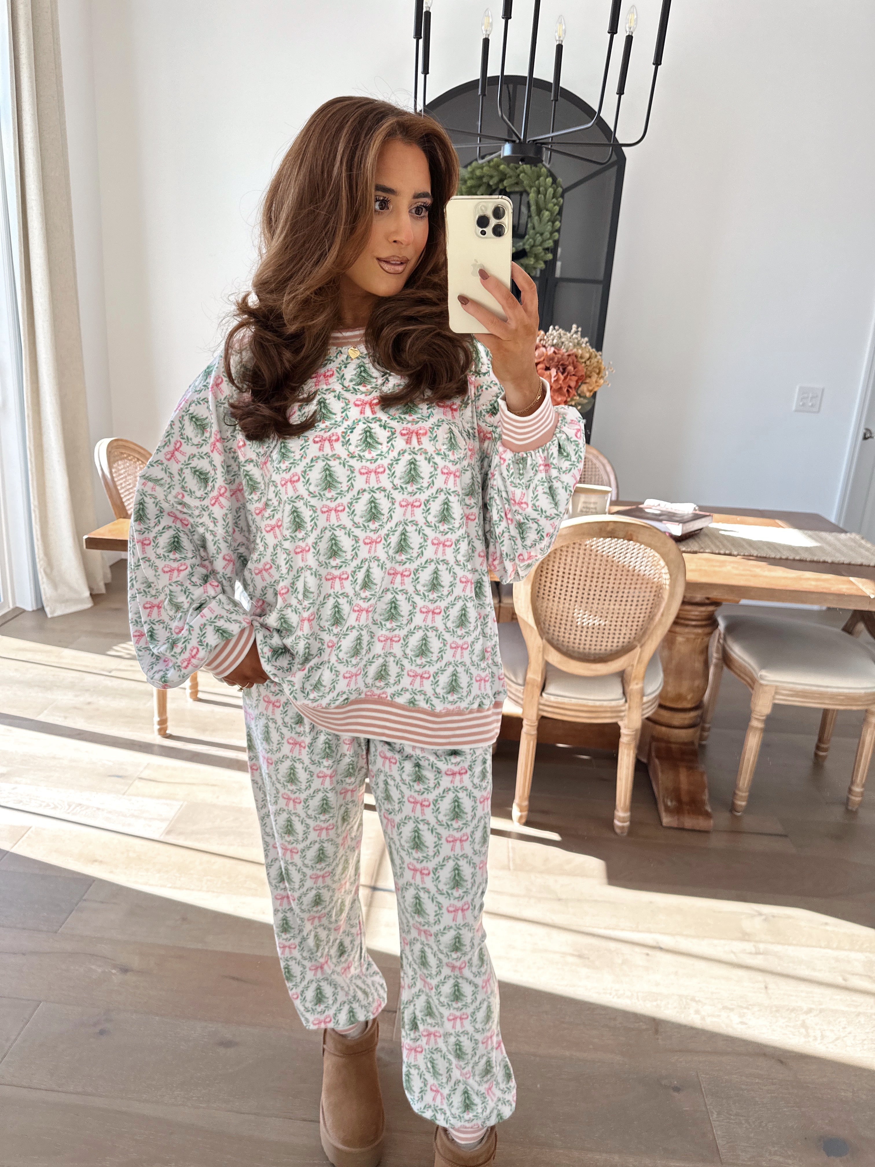 Christmas Print Long-Sleeve Top and Pants Pajama Set
